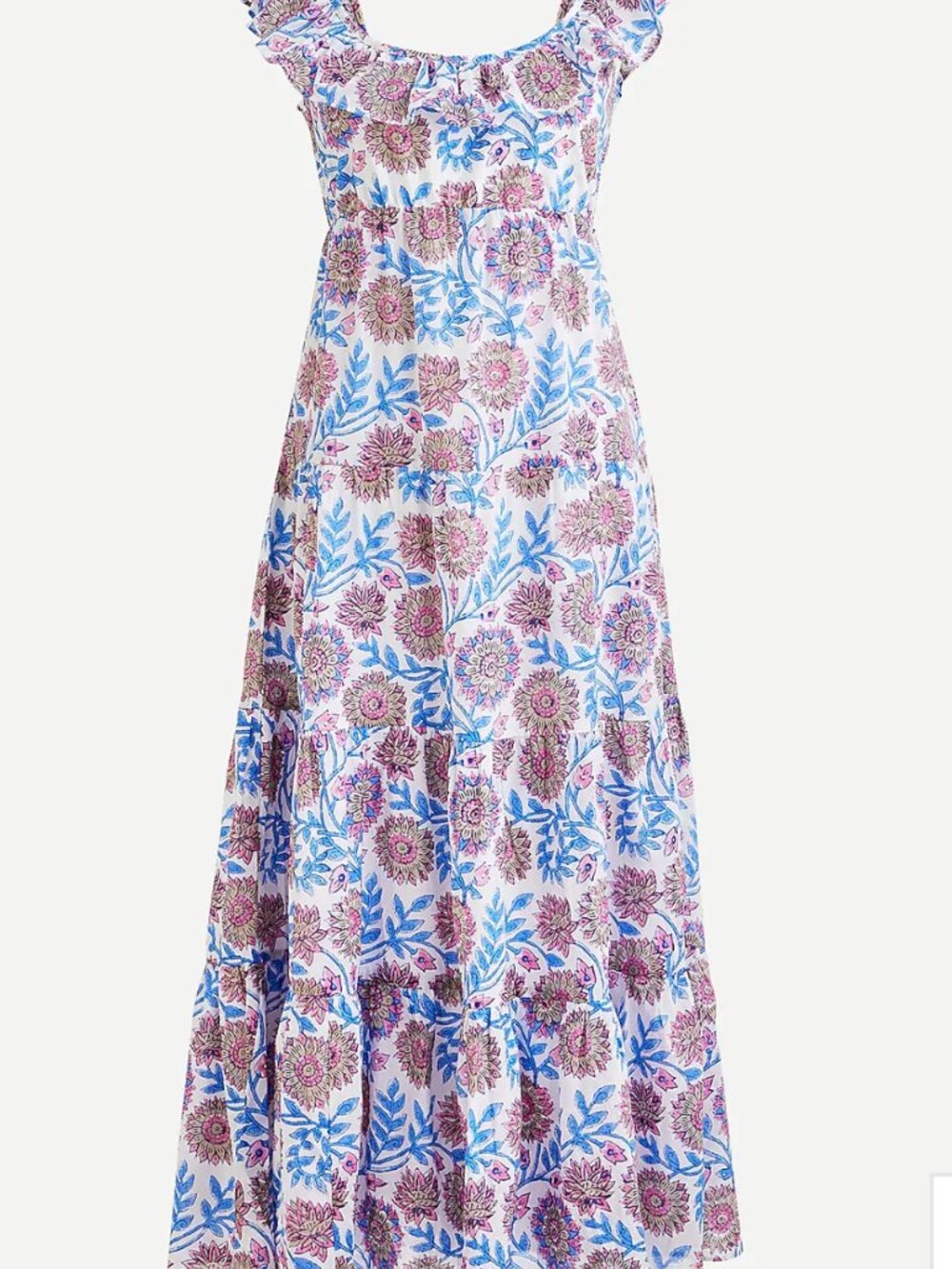 J.Crew Medium Tiered Ruffleneck Midi in Blue Pink Beige Floral Vine Block Print